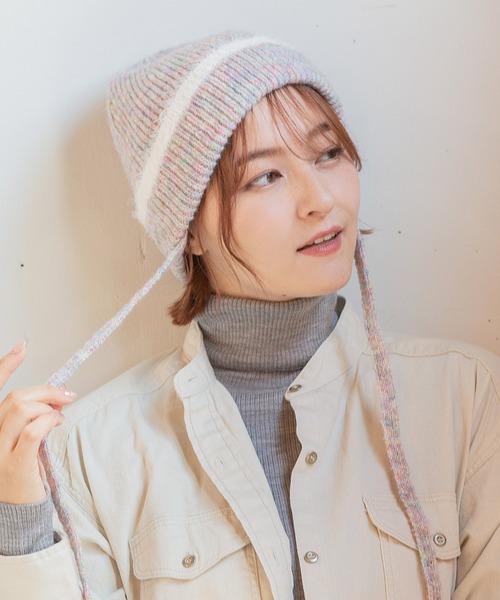 SHINJEO カシミヤニット帽　紐付き 14+（イチヨンプラス）の「シャギーライン紐付きワッチ（ニット