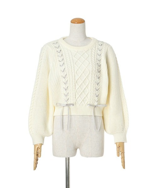 F i.n.t（フィント）の「リボンレースアップケーブルニットプルオーバー/fint（ニット/セーター・レディース・オフホワイト/レッド/ライトグレー・FREE）」の11枚目の写真