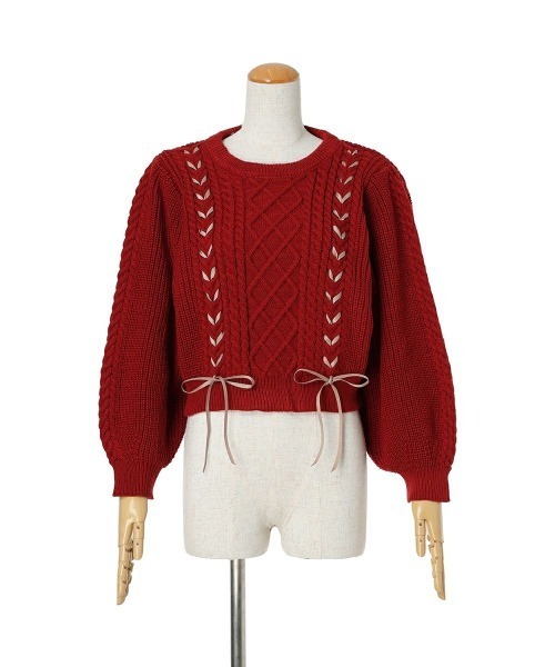 F i.n.t（フィント）の「リボンレースアップケーブルニットプルオーバー/fint（ニット/セーター・レディース・オフホワイト/レッド/ライトグレー・FREE）」の12枚目の写真