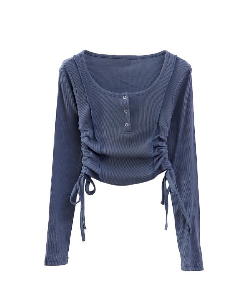 LVEU.(ラブユ.)の「【LVEU.】サイドシャーリングリブニットトップス / トップス リブ ニット シャーリング ボタン Uネック クロップド ショート 長袖 ブラック ブルー(Tシャツ/カットソー・レディース・ブルー/ブラック・FREE)」の15枚目の写真
