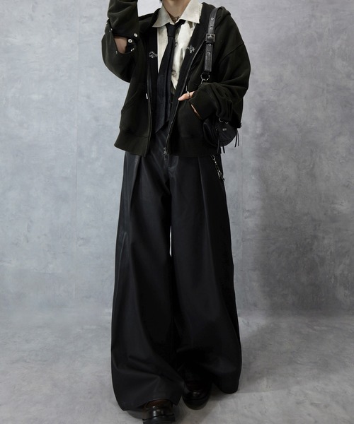 【Spielio】ヴィンテージライク合皮ブルゾン　合皮パンツ　L セットアップ Spielio】vintage like wide flare pants/ヴィンテージライク