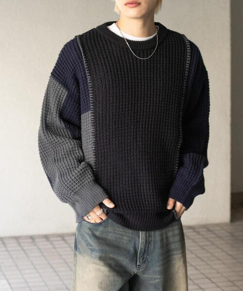 SENSE OF PLACE by URBAN RESEARCH（センスオブプレイスバイアーバンリサーチ）の「ブロッキングステッチクルーネックニット（ニット/セーター・メンズ・ブラック/ネイビー/レッド・MEDIUM/LARGE）」の2枚目の写真