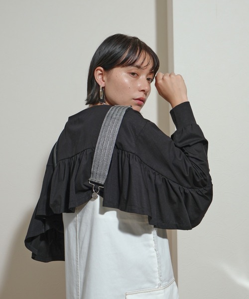 palm RICHE(ポームリシュ)の「オーバーサイズバックフリルロンT(Tシャツ/カットソー・レディース・ブラック/オフホワイト・M)」の2枚目の写真