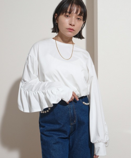 palm RICHE(ポームリシュ)の「オーバーサイズバックフリルロンT(Tシャツ/カットソー・レディース・ブラック/オフホワイト・M)」の8枚目の写真