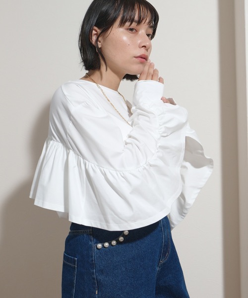 palm RICHE(ポームリシュ)の「オーバーサイズバックフリルロンT(Tシャツ/カットソー・レディース・ブラック/オフホワイト・M)」の9枚目の写真