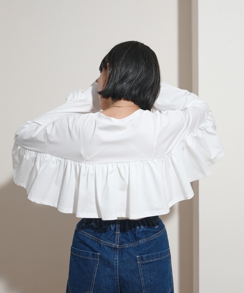 palm RICHE(ポームリシュ)の「オーバーサイズバックフリルロンT(Tシャツ/カットソー・レディース・ブラック/オフホワイト・M)」の11枚目の写真