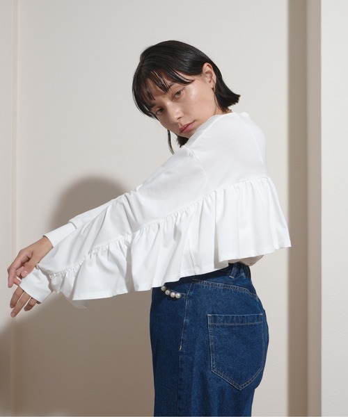 palm RICHE(ポームリシュ)の「オーバーサイズバックフリルロンT(Tシャツ/カットソー・レディース・ブラック/オフホワイト・M)」の12枚目の写真