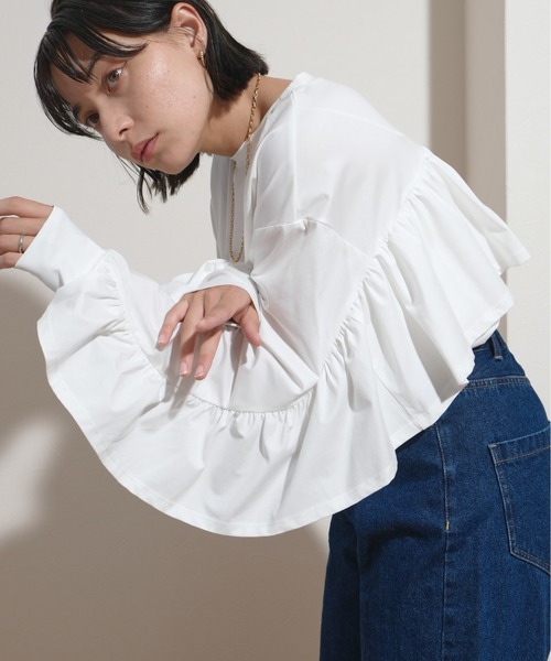 palm RICHE(ポームリシュ)の「オーバーサイズバックフリルロンT(Tシャツ/カットソー・レディース・ブラック/オフホワイト・M)」の3枚目の写真