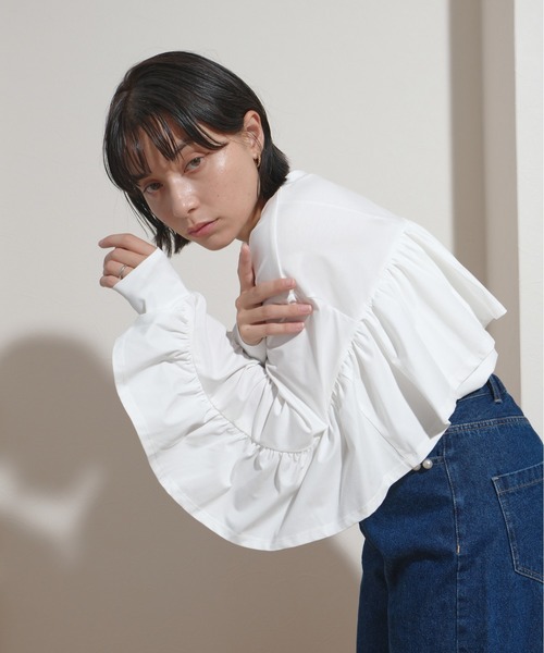 palm RICHE(ポームリシュ)の「オーバーサイズバックフリルロンT(Tシャツ/カットソー・レディース・ブラック/オフホワイト・M)」の13枚目の写真