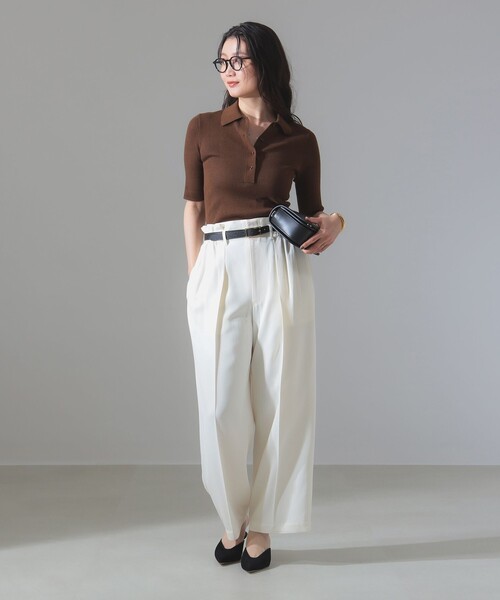 Demi-Luxe BEAMS（デミルクス ビームス）の「ハーフスリーブ ポロニット［手洗い可］（ポロシャツ・レディース・グリーン/ブラウン・ONE SIZE）」の3枚目の写真