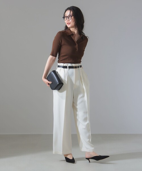 Demi-Luxe BEAMS（デミルクス ビームス）の「ハーフスリーブ ポロニット［手洗い可］（ポロシャツ・レディース・グリーン/ブラウン・ONE SIZE）」の4枚目の写真
