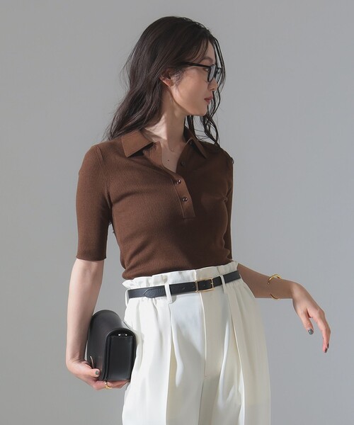 Demi-Luxe BEAMS（デミルクス ビームス）の「ハーフスリーブ ポロニット［手洗い可］（ポロシャツ・レディース・グリーン/ブラウン・ONE SIZE）」の6枚目の写真