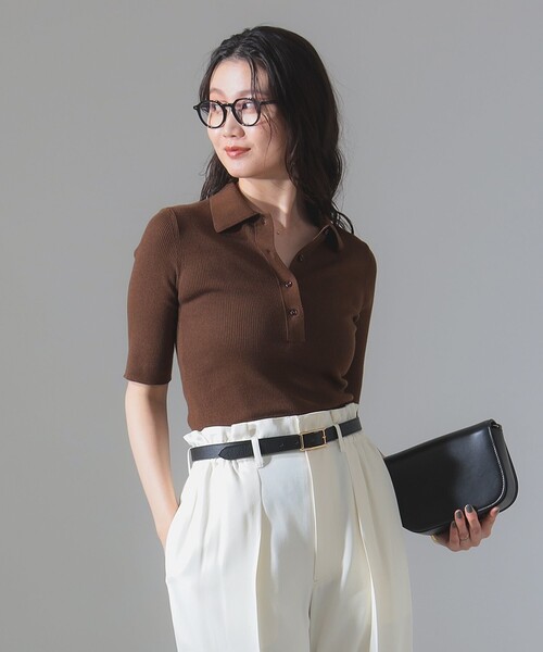 Demi-Luxe BEAMS（デミルクス ビームス）の「ハーフスリーブ ポロニット［手洗い可］（ポロシャツ・レディース・グリーン/ブラウン・ONE SIZE）」の7枚目の写真