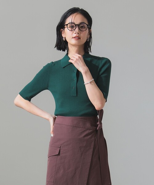 Demi-Luxe BEAMS（デミルクス ビームス）の「ハーフスリーブ ポロニット［手洗い可］（ポロシャツ・レディース・グリーン/ブラウン・ONE SIZE）」の10枚目の写真