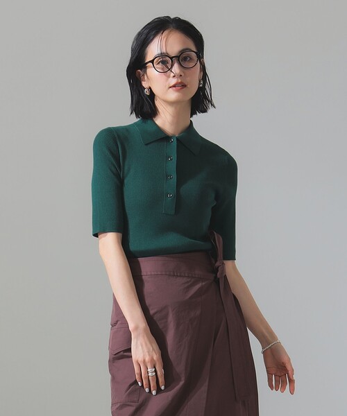 Demi-Luxe BEAMS（デミルクス ビームス）の「ハーフスリーブ ポロニット［手洗い可］（ポロシャツ・レディース・グリーン/ブラウン・ONE SIZE）」の11枚目の写真