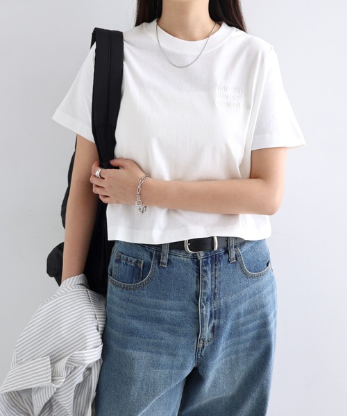 ANME(アンメ)の「ピグメント加工ANMEエンブロイダリーロゴミニTシャツ(Tシャツ/カットソー・レディース・ベージュ/ネイビー/オフホワイト/ブラック・M/L)」の2枚目の写真