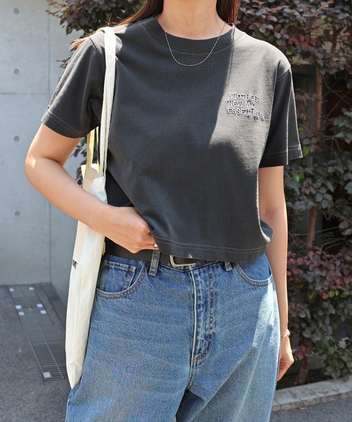 ANME(アンメ)の「ピグメント加工ANMEエンブロイダリーロゴミニTシャツ(Tシャツ/カットソー・レディース・ベージュ/ネイビー/オフホワイト/ブラック・M/L)」の1枚目の写真