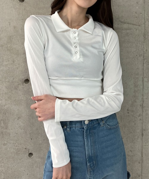 セール】スナップボタンクロップド丈ポロ衿トップス（Tシャツ