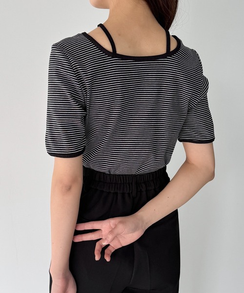 junoah（ジュノア）の「ワッフルボーダーホルターネック半袖トップス（Tシャツ/カットソー・レディース・ダークグレー/ホワイト/ブラック・SMALL/MEDIUM/LARGE）」の6枚目の写真