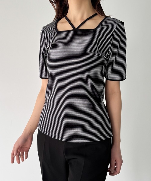 junoah（ジュノア）の「ワッフルボーダーホルターネック半袖トップス（Tシャツ/カットソー・レディース・ダークグレー/ホワイト/ブラック・SMALL/MEDIUM/LARGE）」の7枚目の写真