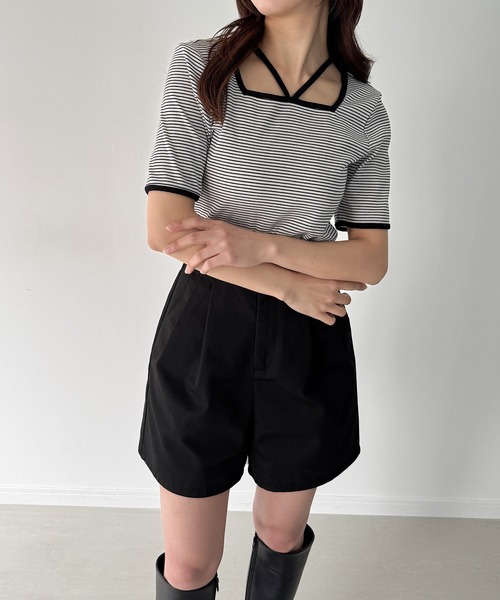 junoah（ジュノア）の「ワッフルボーダーホルターネック半袖トップス（Tシャツ/カットソー・レディース・ダークグレー/ホワイト/ブラック・SMALL/MEDIUM/LARGE）」の8枚目の写真
