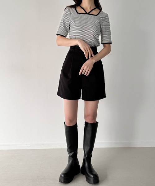 junoah（ジュノア）の「ワッフルボーダーホルターネック半袖トップス（Tシャツ/カットソー・レディース・ダークグレー/ホワイト/ブラック・SMALL/MEDIUM/LARGE）」の9枚目の写真