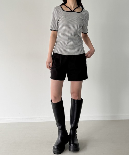 junoah（ジュノア）の「ワッフルボーダーホルターネック半袖トップス（Tシャツ/カットソー・レディース・ダークグレー/ホワイト/ブラック・SMALL/MEDIUM/LARGE）」の11枚目の写真