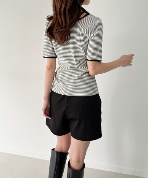 junoah（ジュノア）の「ワッフルボーダーホルターネック半袖トップス（Tシャツ/カットソー・レディース・ダークグレー/ホワイト/ブラック・SMALL/MEDIUM/LARGE）」の12枚目の写真