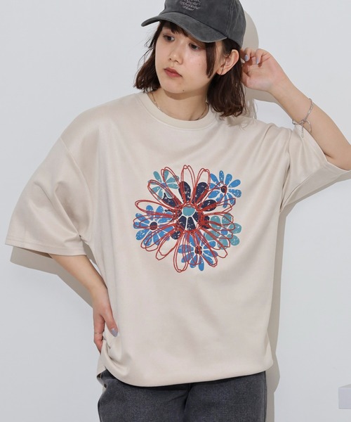ATELANE ソフト フェイクスウェード フラワー刺繍 プルオーバー L セール】ATELANE フェイクスウェード フラワー 刺繍デザイン T
