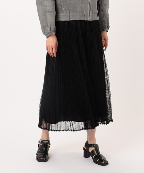 ブラックプリーツスカート レース風 T／Cレース プリーツスカート