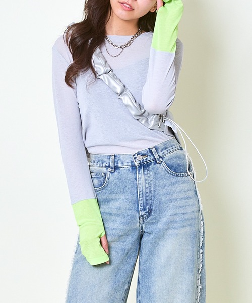GORGE(ゴージ)の「《配色スリーブ☆》レディース スラブシアー 長袖トップス レイヤード風 春夏秋(Tシャツ/カットソー・レディース・ブルー/オレンジ/イエロー/ブラック/ラベンダー・F)」の9枚目の写真