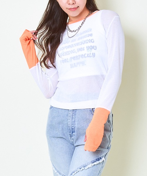 GORGE(ゴージ)の「《配色スリーブ☆》レディース スラブシアー 長袖トップス レイヤード風 春夏秋(Tシャツ/カットソー・レディース・ブルー/オレンジ/イエロー/ブラック/ラベンダー・F)」の13枚目の写真
