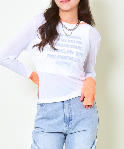 GORGE(ゴージ)の「《配色スリーブ☆》レディース スラブシアー 長袖トップス レイヤード風 春夏秋(Tシャツ/カットソー・レディース・ブルー/オレンジ/イエロー/ブラック/ラベンダー・F)」の15枚目の写真