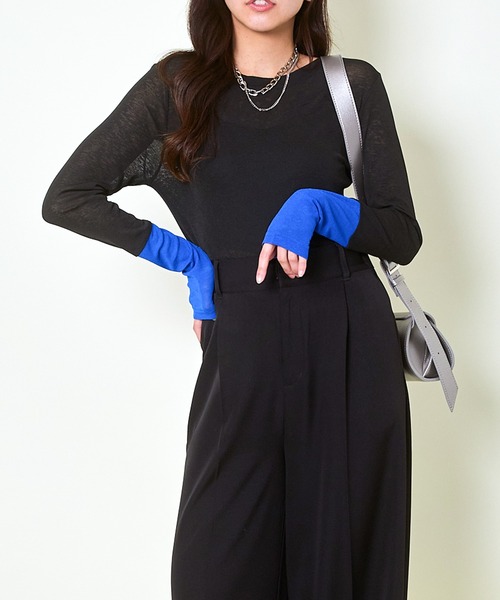 GORGE(ゴージ)の「《配色スリーブ☆》レディース スラブシアー 長袖トップス レイヤード風 春夏秋(Tシャツ/カットソー・レディース・ブルー/オレンジ/イエロー/ブラック/ラベンダー・F)」の17枚目の写真