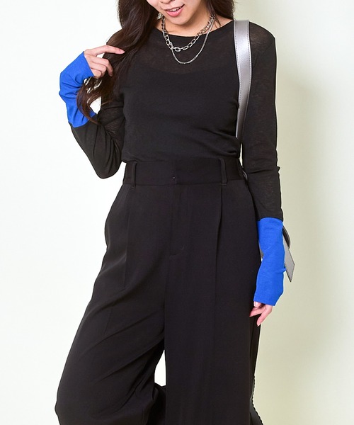 GORGE(ゴージ)の「《配色スリーブ☆》レディース スラブシアー 長袖トップス レイヤード風 春夏秋(Tシャツ/カットソー・レディース・ブルー/オレンジ/イエロー/ブラック/ラベンダー・F)」の18枚目の写真