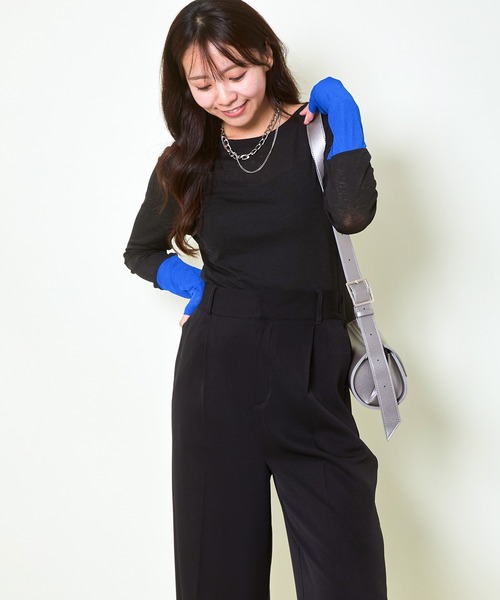 GORGE(ゴージ)の「《配色スリーブ☆》レディース スラブシアー 長袖トップス レイヤード風 春夏秋(Tシャツ/カットソー・レディース・ブルー/オレンジ/イエロー/ブラック/ラベンダー・F)」の20枚目の写真