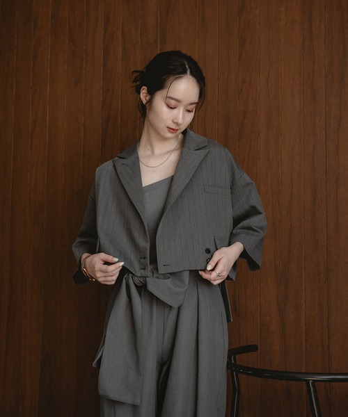 mideal（マイディール）の「double button stripe jacket / ダブルボタンストライプジャケット（テーラードジャケット・レディース・アイボリー/グレー・FREE）」の4枚目の写真