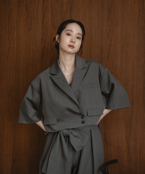 mideal（マイディール）の「double button stripe jacket / ダブルボタンストライプジャケット（テーラードジャケット・レディース・アイボリー/グレー・FREE）」の18枚目の写真