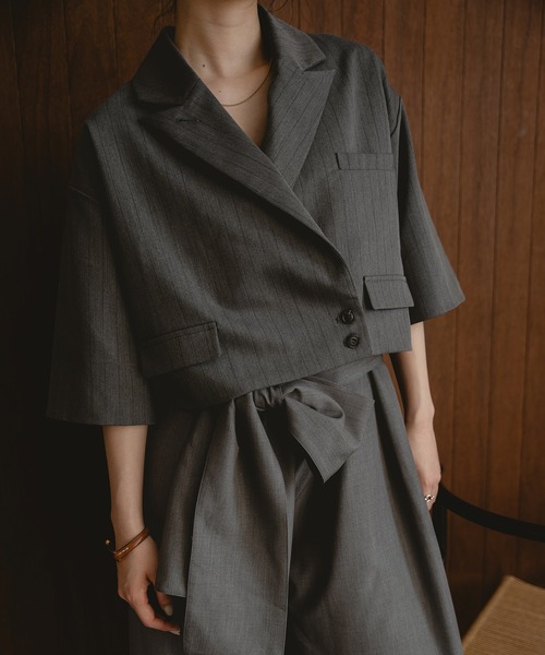 mideal（マイディール）の「double button stripe jacket / ダブルボタンストライプジャケット（テーラードジャケット・レディース・アイボリー/グレー・FREE）」の16枚目の写真