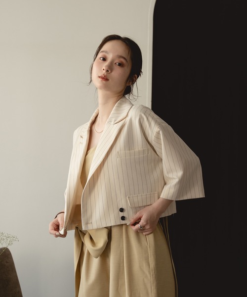 mideal（マイディール）の「double button stripe jacket / ダブルボタンストライプジャケット（テーラードジャケット・レディース・アイボリー/グレー・FREE）」の14枚目の写真