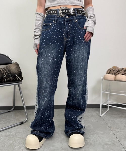atmark デニム Mサイズ ブラック／ピンク フリーサイズ / UNISEX 》クロスフリンジ ウォッシュ ワイド