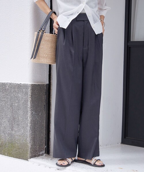 手洗い可能〉麻調 合繊 2タック ワイド パンツ 2（その他パンツ