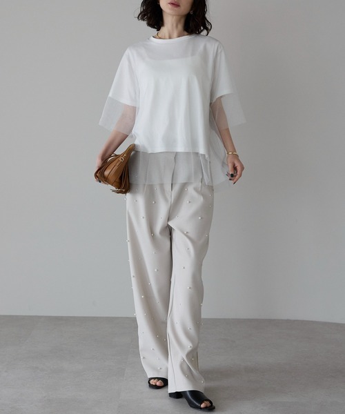 【清楚で軽やか】HERMES Tシャツドレス Blanc（ホワイト） セール】チュールレイヤードボリューム5分袖Tシャツ（Tシャツ