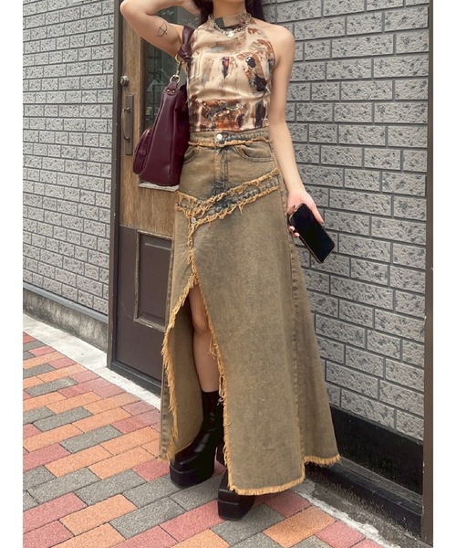 EVRIS（エヴリス）の「フリンジスリットロングデニムスカート（デニムスカート・レディース・ライトブルー/インディゴブルー・SMALL/MEDIUM）」の3枚目の写真