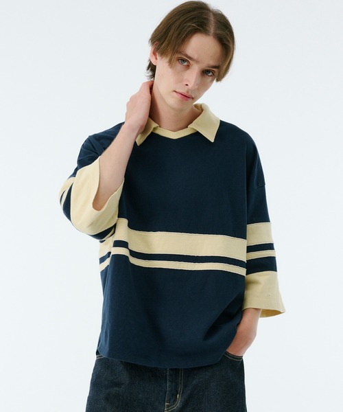 PUBLIC TOKYO(パブリックトウキョウ)の「リラックスボーダーポロTEE(Tシャツ/カットソー・メンズ・ブルー/ダークネイビー・2/1)」の1枚目の写真