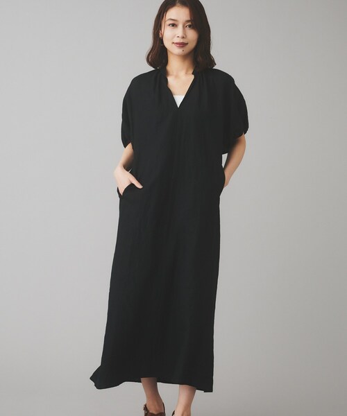 美品　TICCA｜定価3,3万 リネンバルーンスリーブワンピース　ネイビー Demi-Luxe BEAMS（デミルクス ビームス）TICCA / リネン