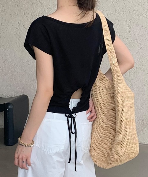 Lace Ladies(レースレディース)の「バックオープン ドロスト ラウンドネック フレンチスリーブ Tシャツ(Tシャツ/カットソー・レディース・ブラック/ブルー/ホワイト・FREE)」の6枚目の写真