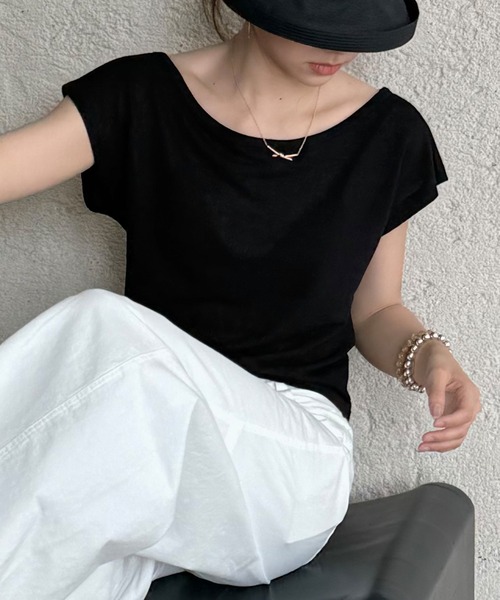 Lace Ladies(レースレディース)の「バックオープン ドロスト ラウンドネック フレンチスリーブ Tシャツ(Tシャツ/カットソー・レディース・ブラック/ブルー/ホワイト・FREE)」の7枚目の写真