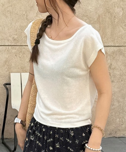 Lace Ladies(レースレディース)の「バックオープン ドロスト ラウンドネック フレンチスリーブ Tシャツ(Tシャツ/カットソー・レディース・ブラック/ブルー/ホワイト・FREE)」の10枚目の写真