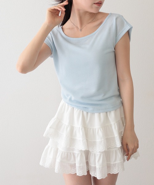 Lace Ladies(レースレディース)の「バックオープン ドロスト ラウンドネック フレンチスリーブ Tシャツ(Tシャツ/カットソー・レディース・ブラック/ブルー/ホワイト・FREE)」の15枚目の写真